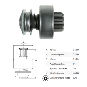 Ritzel Feilauf 9 Zahn für Anlasser von Bosch 0001362305 0001369024 0001363110 ..