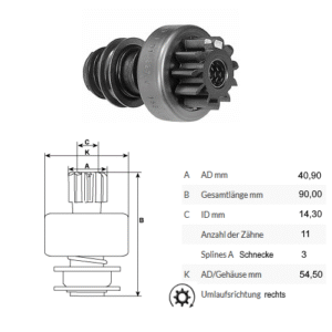 Ritzel Freilaufgetriebe 11 Zahn für Anlasser Starter von Bosch EJD ... 0001354..