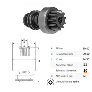 Ritzel Freilaufgetriebe 11 Zahn für Anlasser von Bosch EJD 0001354.. 2006209217
