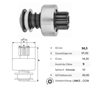 Ritzel 9 Zahn für Anlasser von Bosch 0001366029 2006209429 2006209490 CCW